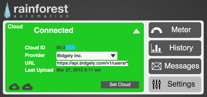 Eagle energy monitor UI for configuring cloud connected services