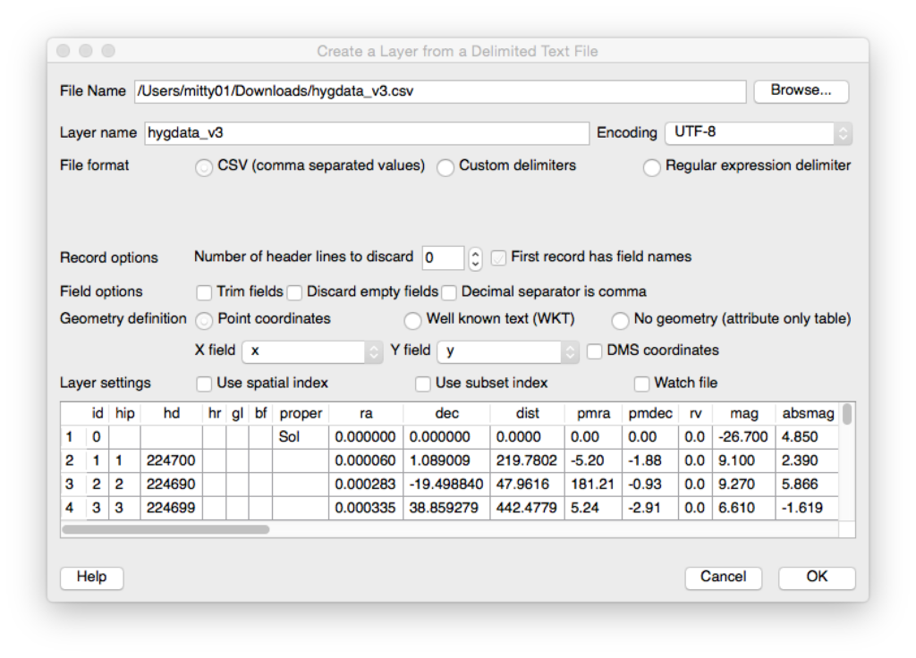 Form importing the HYG Database star map CSV file into QGIS